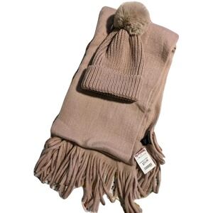 NWT Steve Madden Beanie & Scarf Set Soft Pink Ribbed Knit Winter Hat Gift